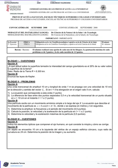 Vista previa de Examen PAU de Física de Comunitat Valenciana 2008 – Extraordinaria