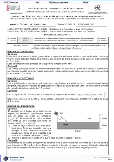 Vista previa de Examen PAU de Física de Comunitat Valenciana 2009 – Extraordinaria