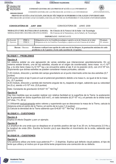 Vista previa de Examen PAU de Física de Comunitat Valenciana 2009 – Ordinaria