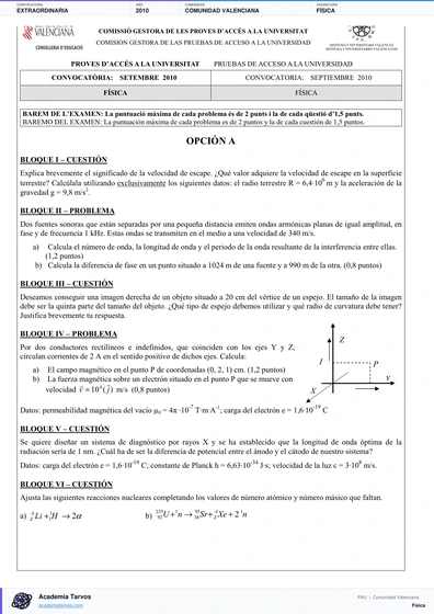 Vista previa de Examen PAU de Física de Comunitat Valenciana 2010 – Extraordinaria