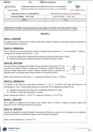 Vista previa de Examen PAU de Física de Comunitat Valenciana 2010 – Ordinaria