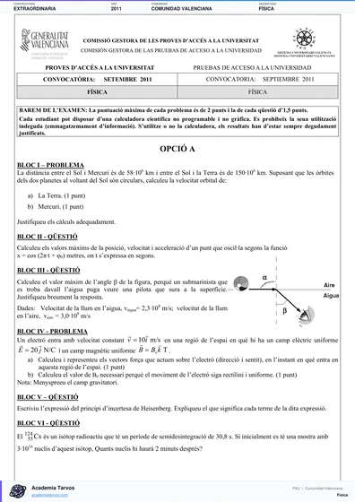 Vista previa de Examen PAU de Física de Comunitat Valenciana 2011 – Extraordinaria