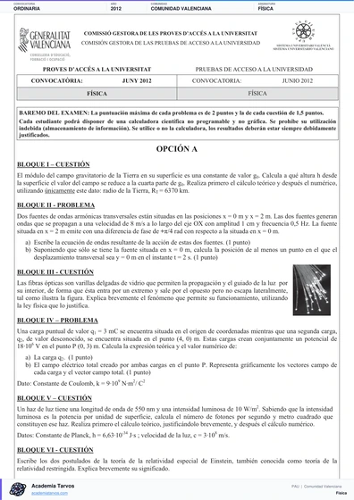 Vista previa de Examen PAU de Física de Comunitat Valenciana 2012 – Ordinaria