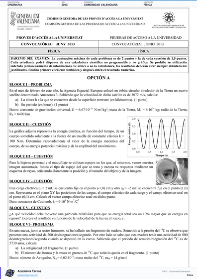 Vista previa de Examen PAU de Física de Comunitat Valenciana 2013 – Ordinaria