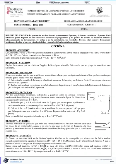 Vista previa de Examen PAU de Física de Comunitat Valenciana 2014 – Ordinaria