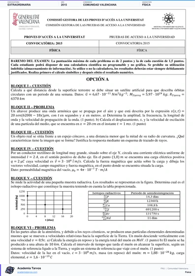 Vista previa de Examen PAU de Física de Comunitat Valenciana 2015 – Extraordinaria