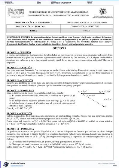 Vista previa de Examen PAU de Física de Comunitat Valenciana 2015 – Ordinaria