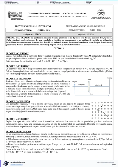 Vista previa de Examen PAU de Física de Comunitat Valenciana 2016 – Extraordinaria