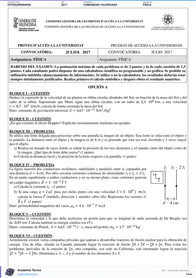 Vista previa de Examen PAU de Física de Comunitat Valenciana 2017 – Extraordinaria
