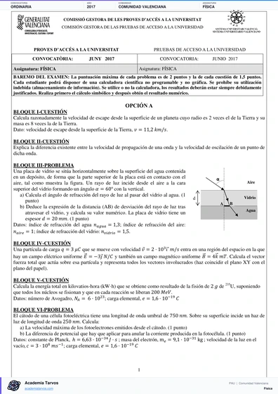 Vista previa de Examen PAU de Física de Comunitat Valenciana 2017 – Ordinaria
