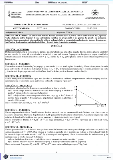 Vista previa de Examen PAU de Física de Comunitat Valenciana 2018 – Ordinaria
