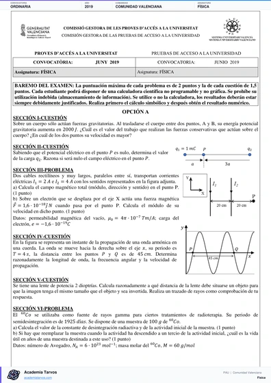Vista previa de Examen PAU de Física de Comunitat Valenciana 2019 – Ordinaria
