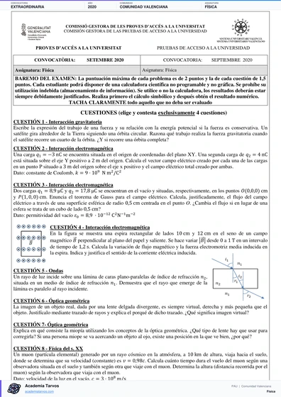 Vista previa de Examen PAU de Física de Comunitat Valenciana 2020 – Extraordinaria