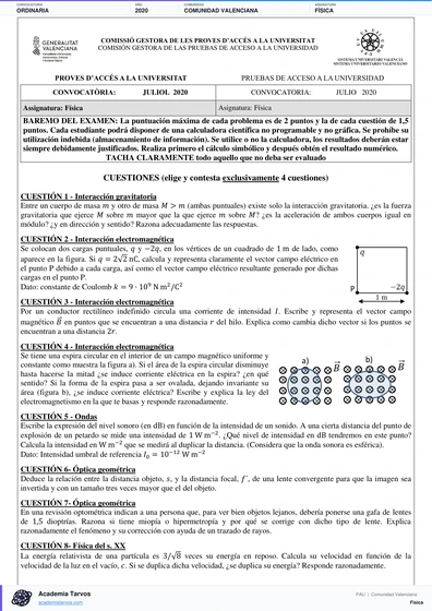 Vista previa de Examen PAU de Física de Comunitat Valenciana 2020 – Ordinaria