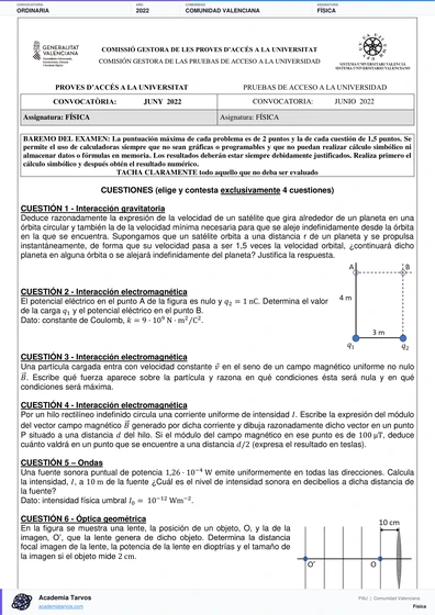 Vista previa de Examen PAU de Física de Comunitat Valenciana 2022 – Ordinaria