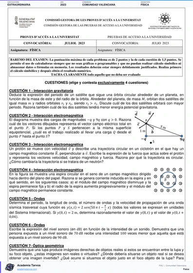 Vista previa de Examen PAU de Física de Comunitat Valenciana 2023 – Extraordinaria