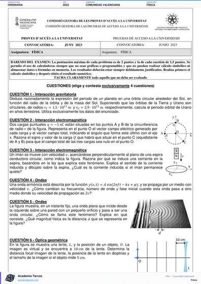 Vista previa de Examen PAU de Física de Comunitat Valenciana 2023 – Ordinaria