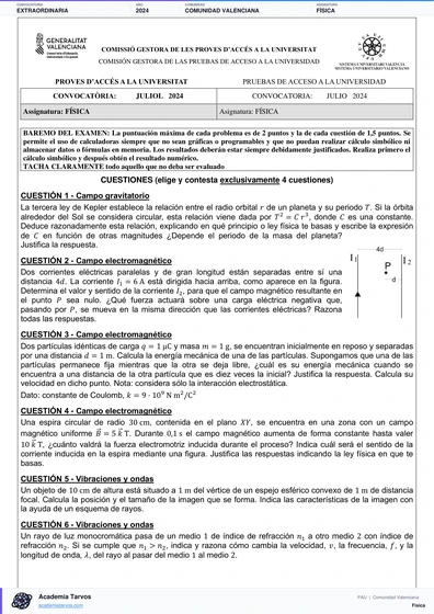 Vista previa de Examen PAU de Física de Comunitat Valenciana 2024 – Extraordinaria