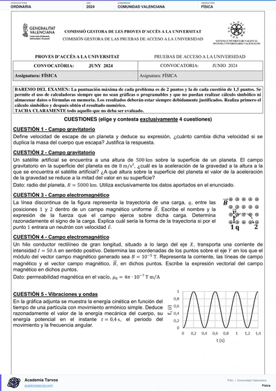 Vista previa de Examen PAU de Física de Comunitat Valenciana 2024 – Ordinaria