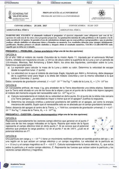 Vista previa de Examen PAU de Física de Comunitat Valenciana 2025 – Extraordinaria