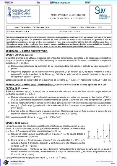Vista previa de Examen PAU de Física de Comunitat Valenciana 2026 – Ordinaria