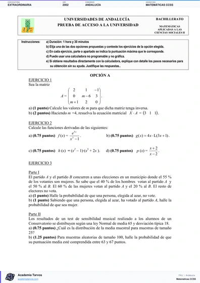 Vista previa de Examen PAU de Matemáticas CCSS de Andalucía 2002 – Extraordinaria