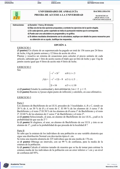 Vista previa de Examen PAU de Matemáticas CCSS de Andalucía 2002 – Ordinaria