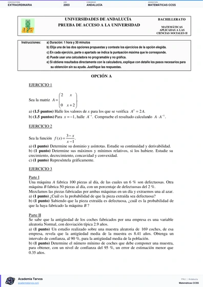 Vista previa de Examen PAU de Matemáticas CCSS de Andalucía 2003 – Extraordinaria