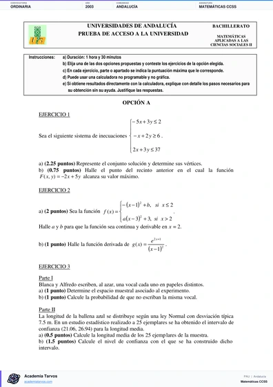 Vista previa de Examen PAU de Matemáticas CCSS de Andalucía 2003 – Ordinaria