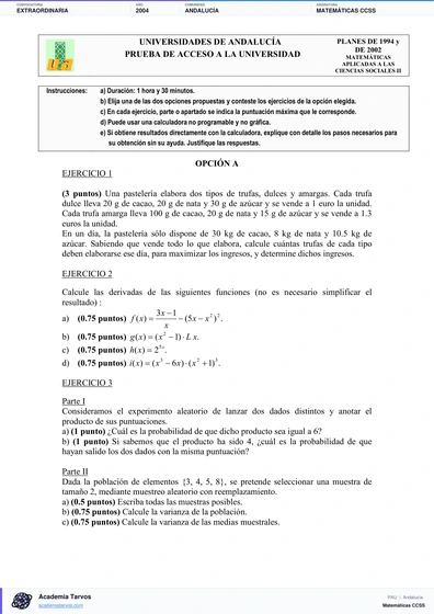 Vista previa de Examen PAU de Matemáticas CCSS de Andalucía 2004 – Extraordinaria