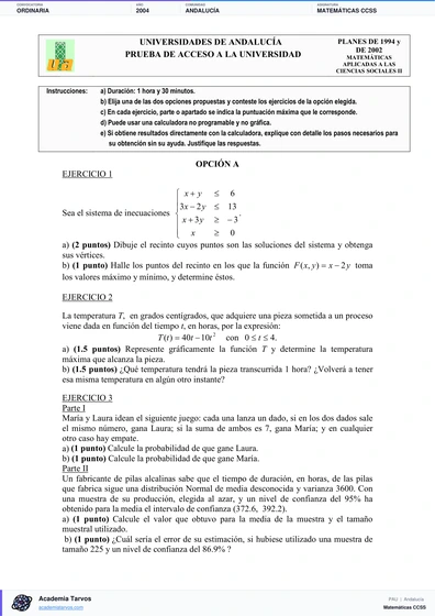Vista previa de Examen PAU de Matemáticas CCSS de Andalucía 2004 – Ordinaria