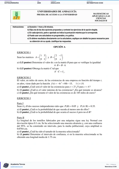 Vista previa de Examen PAU de Matemáticas CCSS de Andalucía 2005 – Extraordinaria