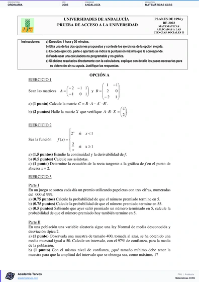 Vista previa de Examen PAU de Matemáticas CCSS de Andalucía 2005 – Ordinaria