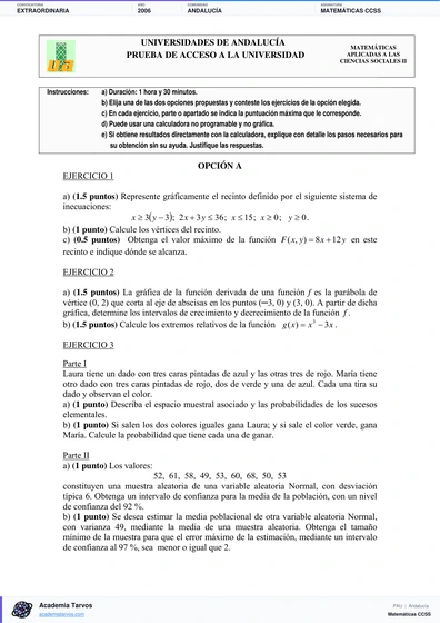 Vista previa de Examen PAU de Matemáticas CCSS de Andalucía 2006 – Extraordinaria