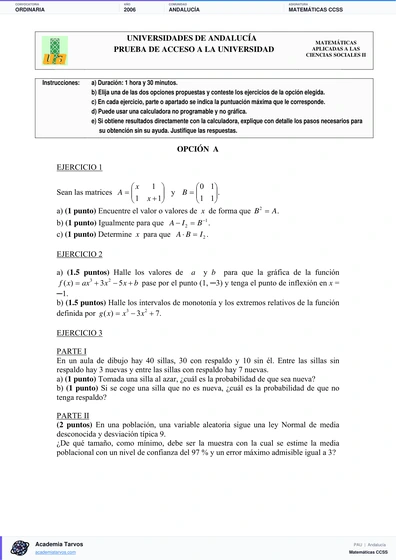 Vista previa de Examen PAU de Matemáticas CCSS de Andalucía 2006 – Ordinaria