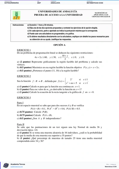 Vista previa de Examen PAU de Matemáticas CCSS de Andalucía 2007 – Extraordinaria