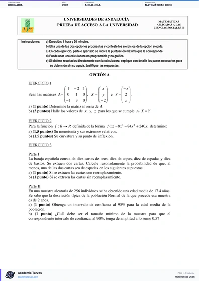 Vista previa de Examen PAU de Matemáticas CCSS de Andalucía 2007 – Ordinaria
