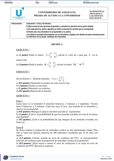 Vista previa de Examen PAU de Matemáticas CCSS de Andalucía 2008 – Ordinaria