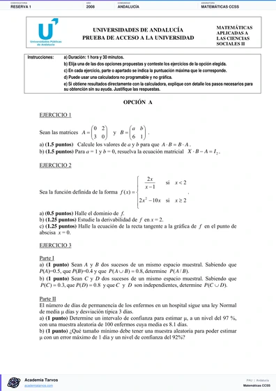 Vista previa de Examen PAU de Matemáticas CCSS de Andalucía 2008 – Reserva 1