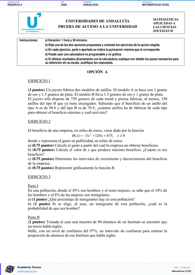 Vista previa de Examen PAU de Matemáticas CCSS de Andalucía 2008 – Reserva 2