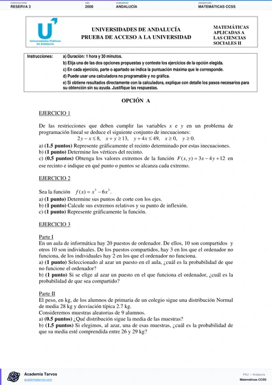 Vista previa de Examen PAU de Matemáticas CCSS de Andalucía 2008 – Reserva 3