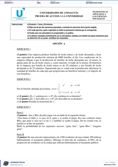 Vista previa de Examen PAU de Matemáticas CCSS de Andalucía 2008 – Reserva 4