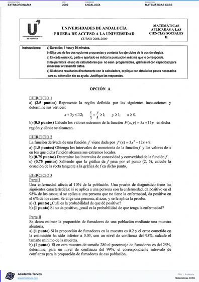Vista previa de Examen PAU de Matemáticas CCSS de Andalucía 2009 – Extraordinaria