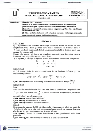 Vista previa de Examen PAU de Matemáticas CCSS de Andalucía 2009 – Ordinaria