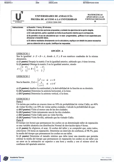 Vista previa de Examen PAU de Matemáticas CCSS de Andalucía 2009 – Reserva 1