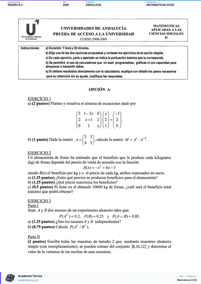 Vista previa de Examen PAU de Matemáticas CCSS de Andalucía 2009 – Reserva 2