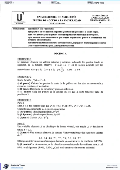 Vista previa de Examen PAU de Matemáticas CCSS de Andalucía 2009 – Reserva 3