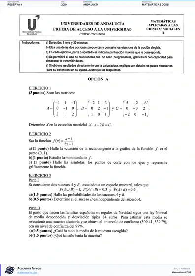 Vista previa de Examen PAU de Matemáticas CCSS de Andalucía 2009 – Reserva 4