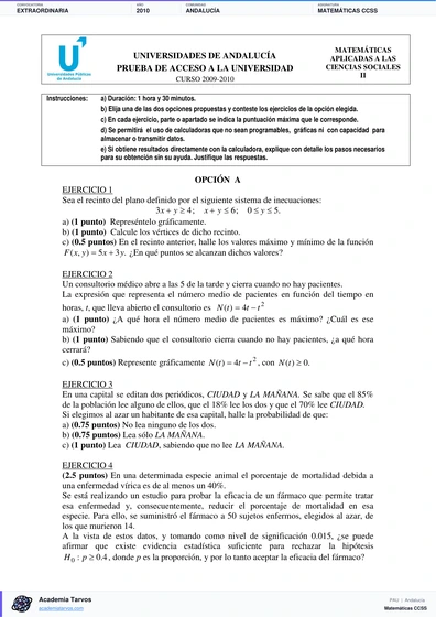 Vista previa de Examen PAU de Matemáticas CCSS de Andalucía 2010 – Extraordinaria