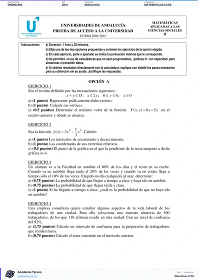 Vista previa de Examen PAU de Matemáticas CCSS de Andalucía 2010 – Ordinaria